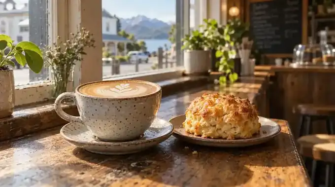 Flat white and a cheese scone on a timber counter