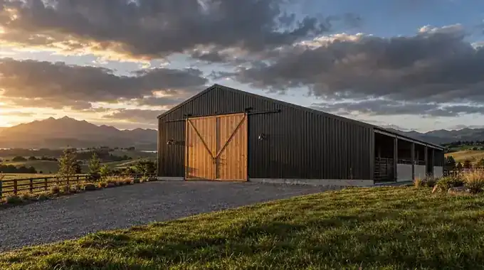 New farm shed with dark corrugated cladding